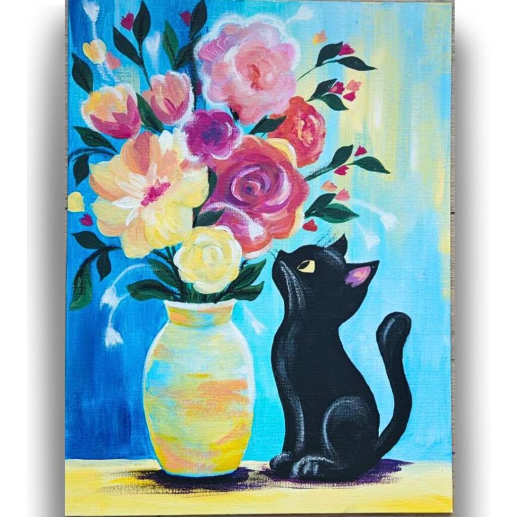 Мастер-класс - интерьерная картина «Кошка и цветы», живопись акрилом на холсте
